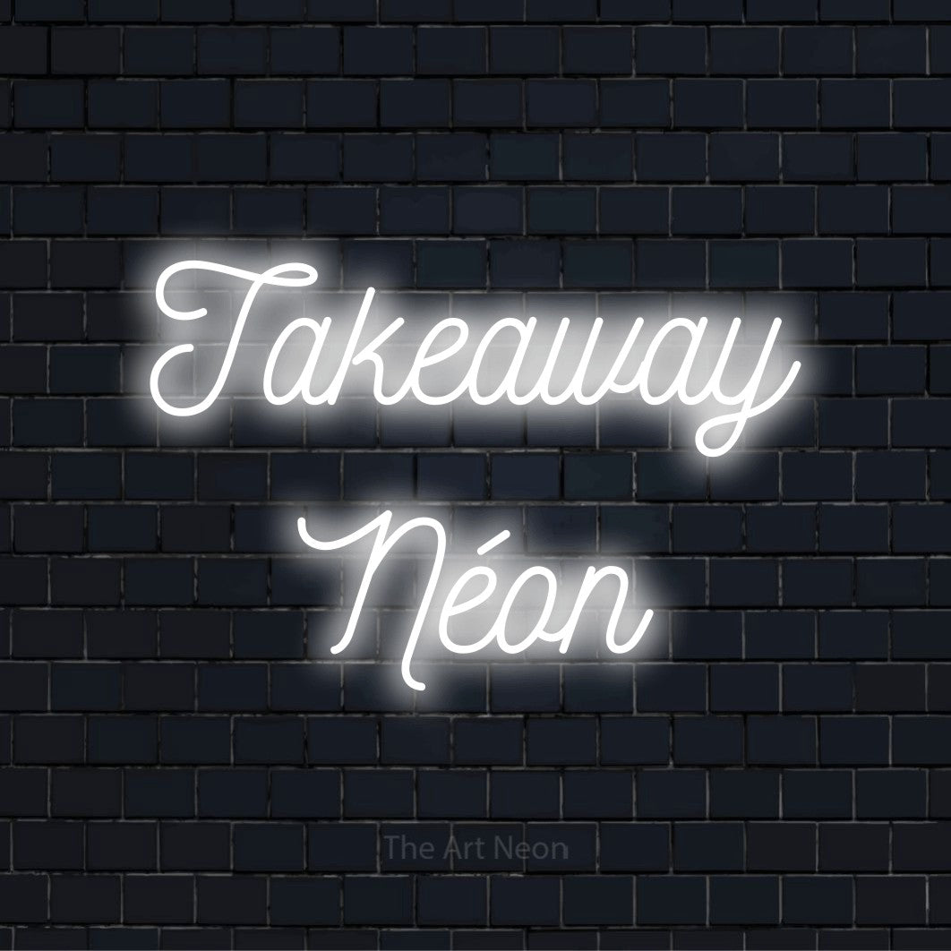 Letreiro néon LED com o design “Takeaway Néon” numa parede escura
