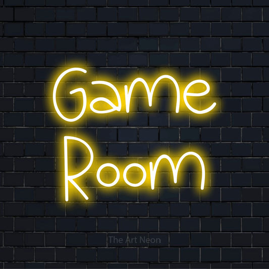 Letreiro néon LED com o texto “Game Room” numa parede escura