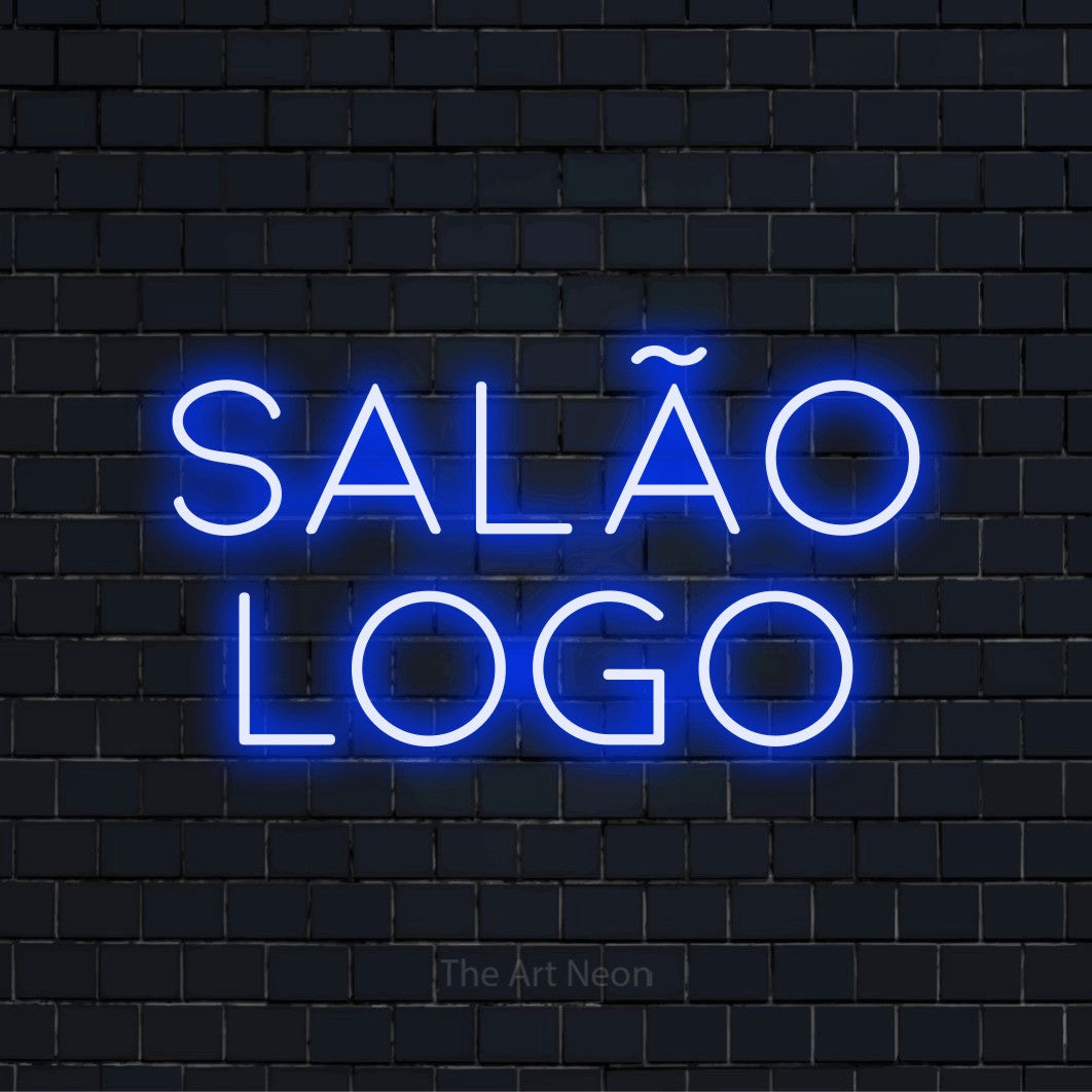 Letreiro néon LED com o design “Salão Logo” numa parede escura