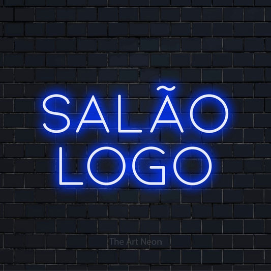 Letreiro néon LED com o design “Salão Logo” numa parede escura