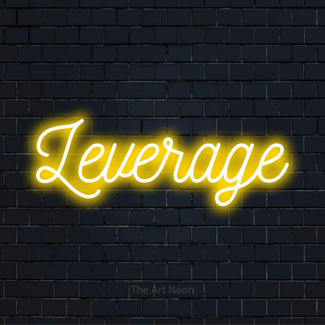 "Leverage" glowing LED neon sign on a black brick wall