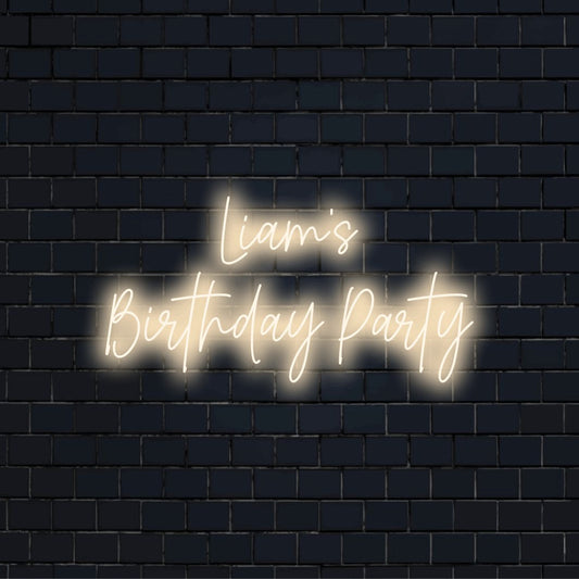 Liam_s Birthday Party Personalized LED Neon Sign, bright LED glow on black brick background
