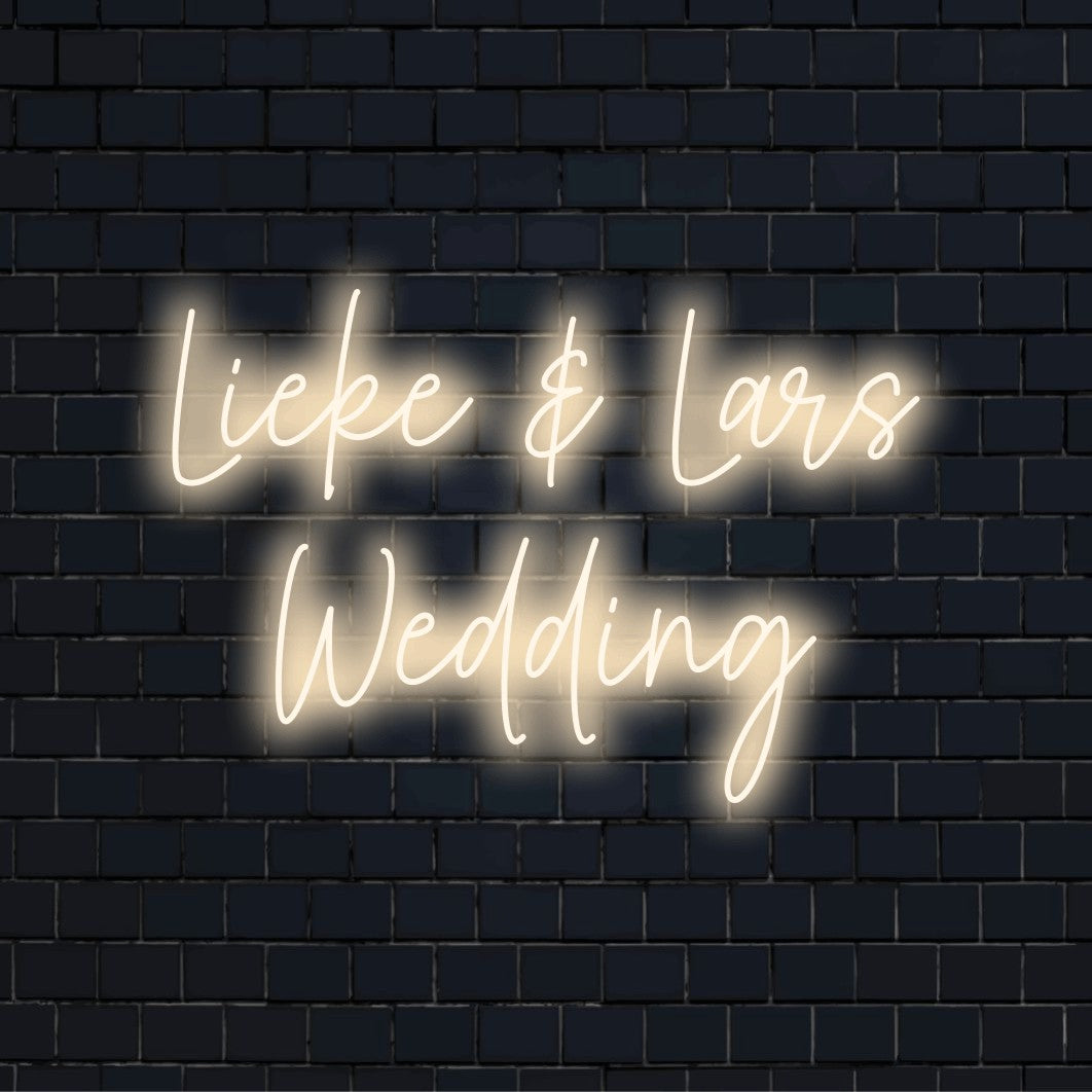 Lieke _ Lars Wedding Personalized LED Neon Sign, soft neon glow against black brick wall