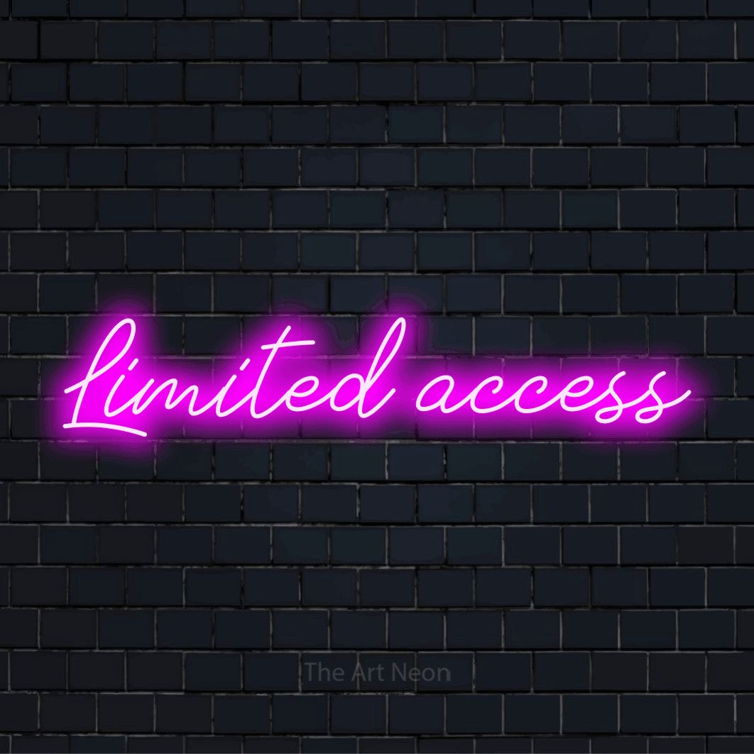 "Limited Access" script-style LED neon sign on a black brick wall