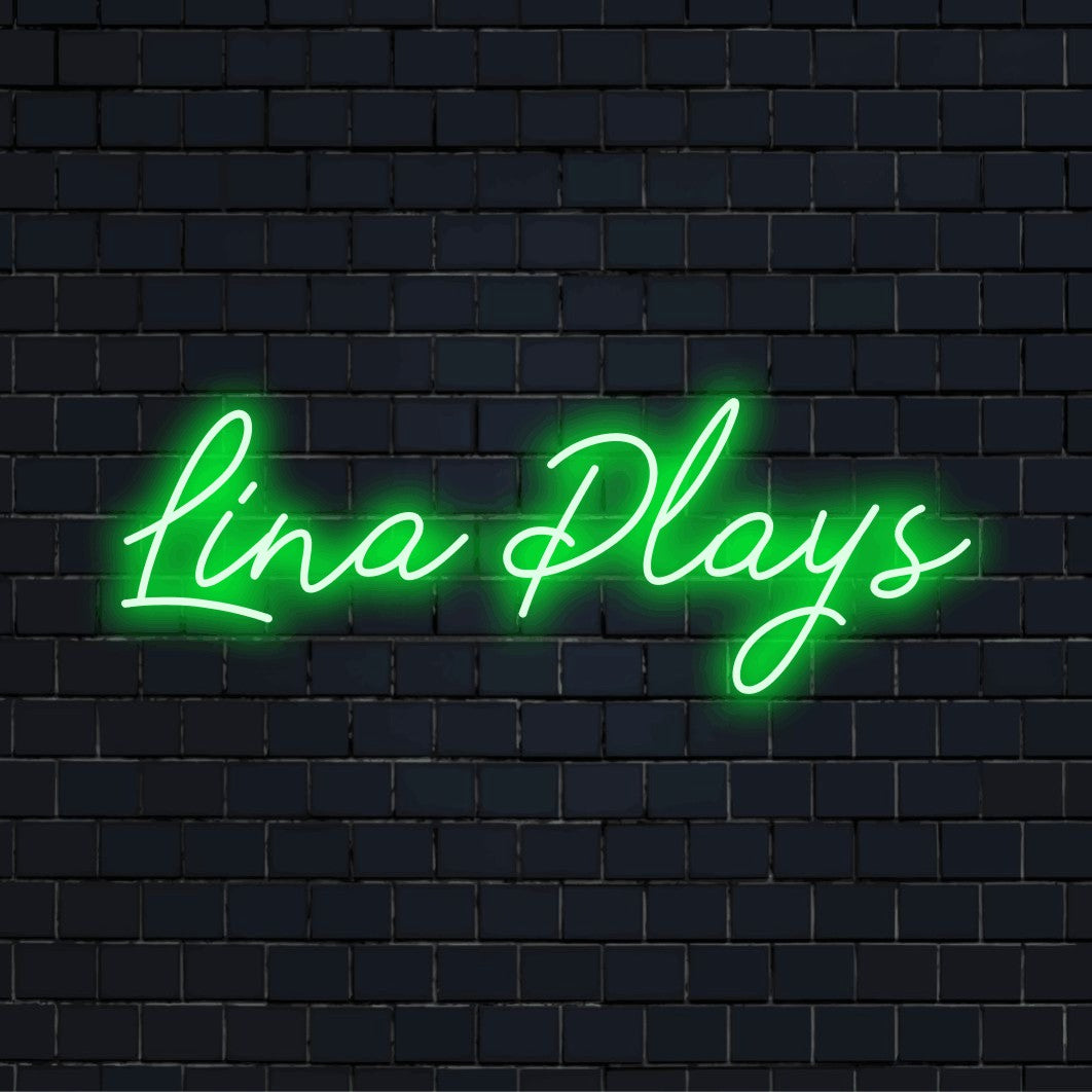 Lina Plays Personalized LED Neon Sign, glowing neon text on black brick background
