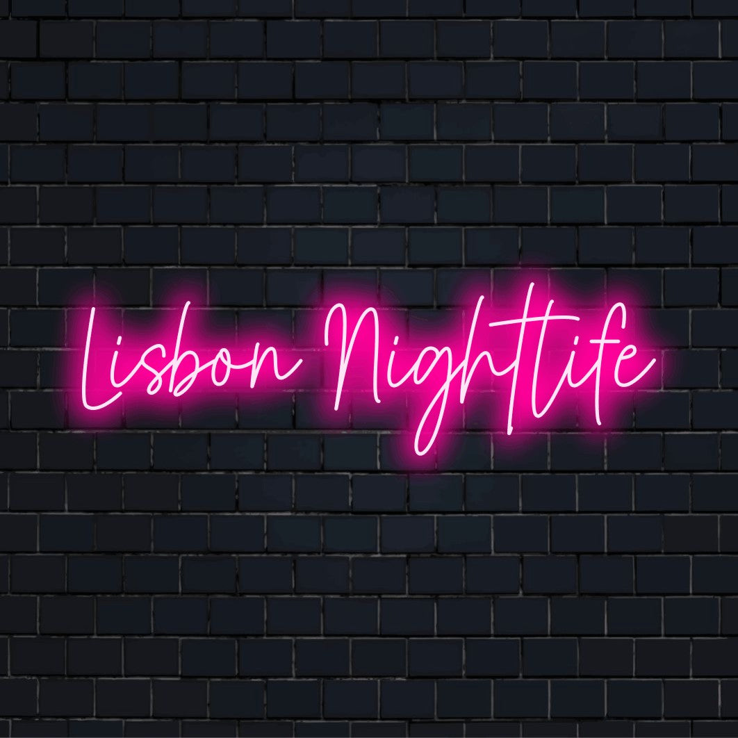 Lisbon Nightlife Neon Sign, glowing wall decor on dark brick background