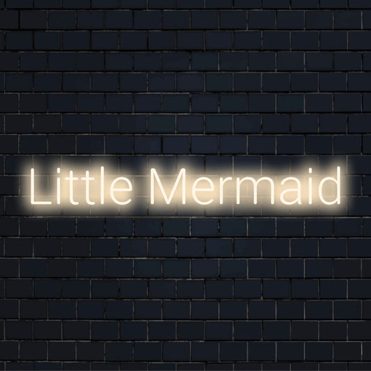 Little Mermaid Neon Sign, bright neon lettering on dark brick background
