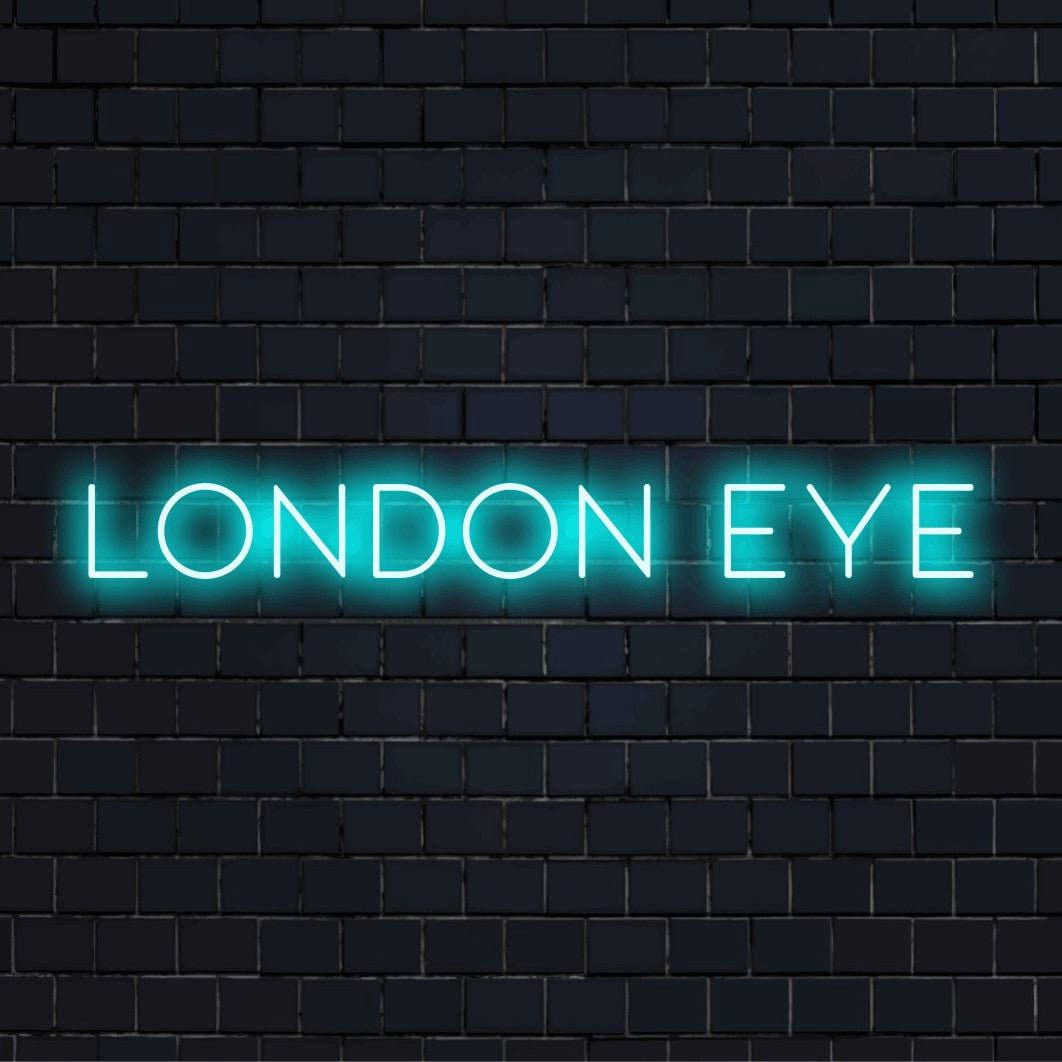 London Eye LED Neon Sign, soft neon glow on dark brick background