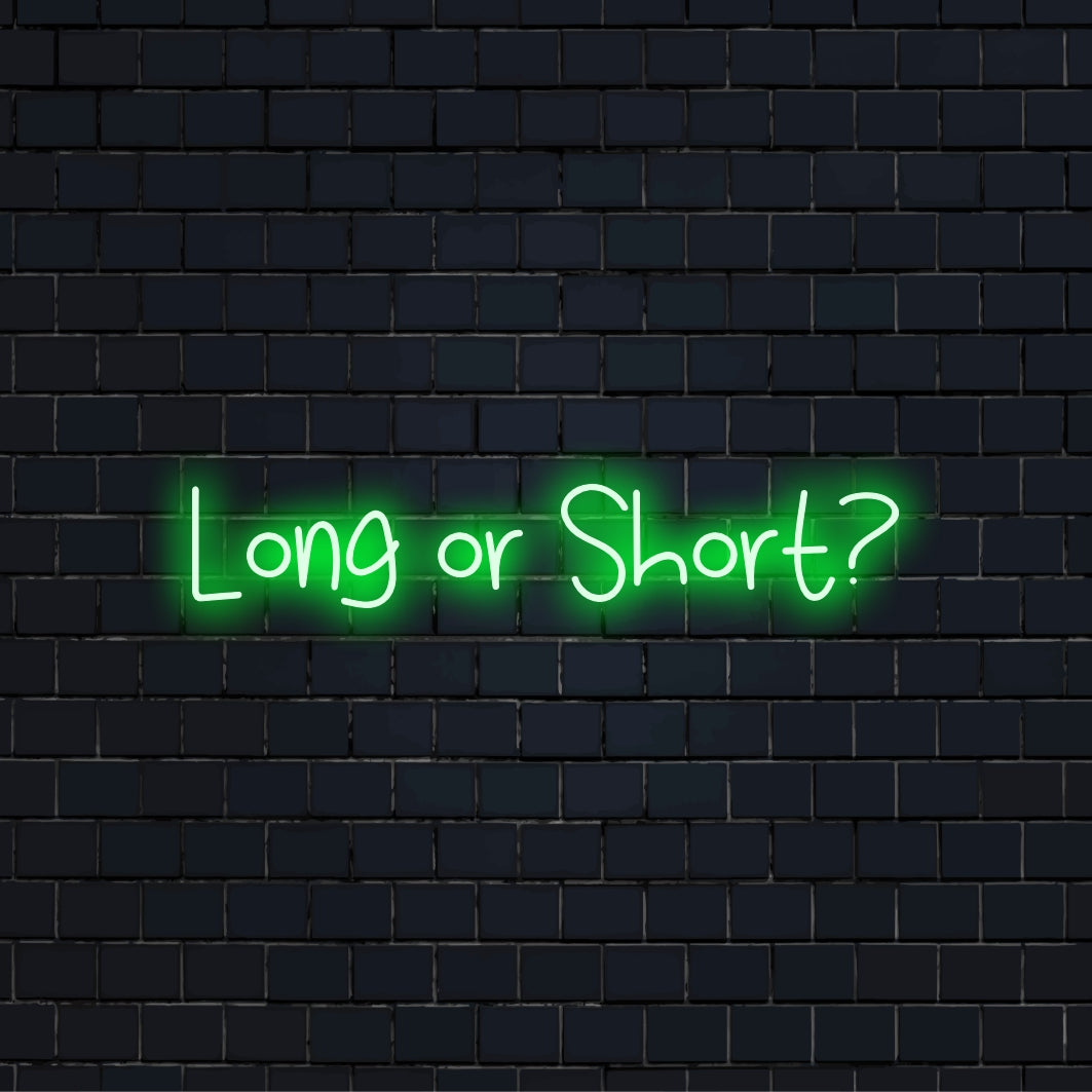 Long Or Short Neon Sign, soft neon glow against brick backdrop