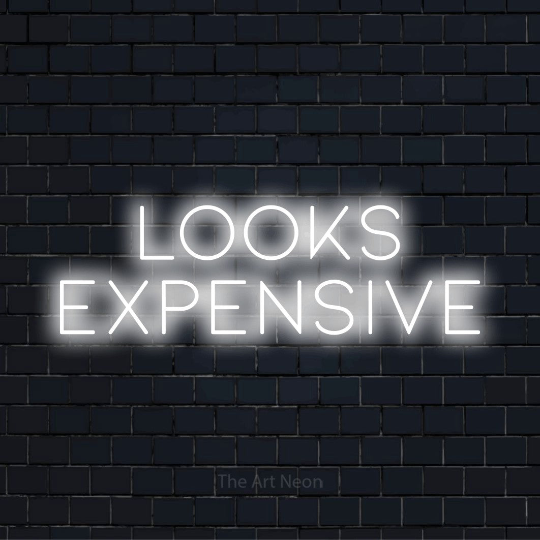 "Looks Expensive" script-style LED neon sign on a black brick wall