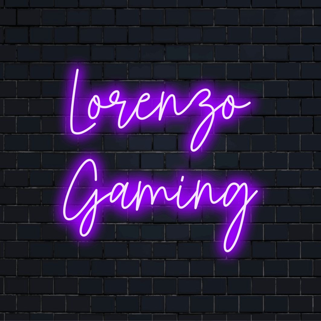 Lorenzo Gaming Personalized LED Neon Sign, glowing neon text against brick backdrop