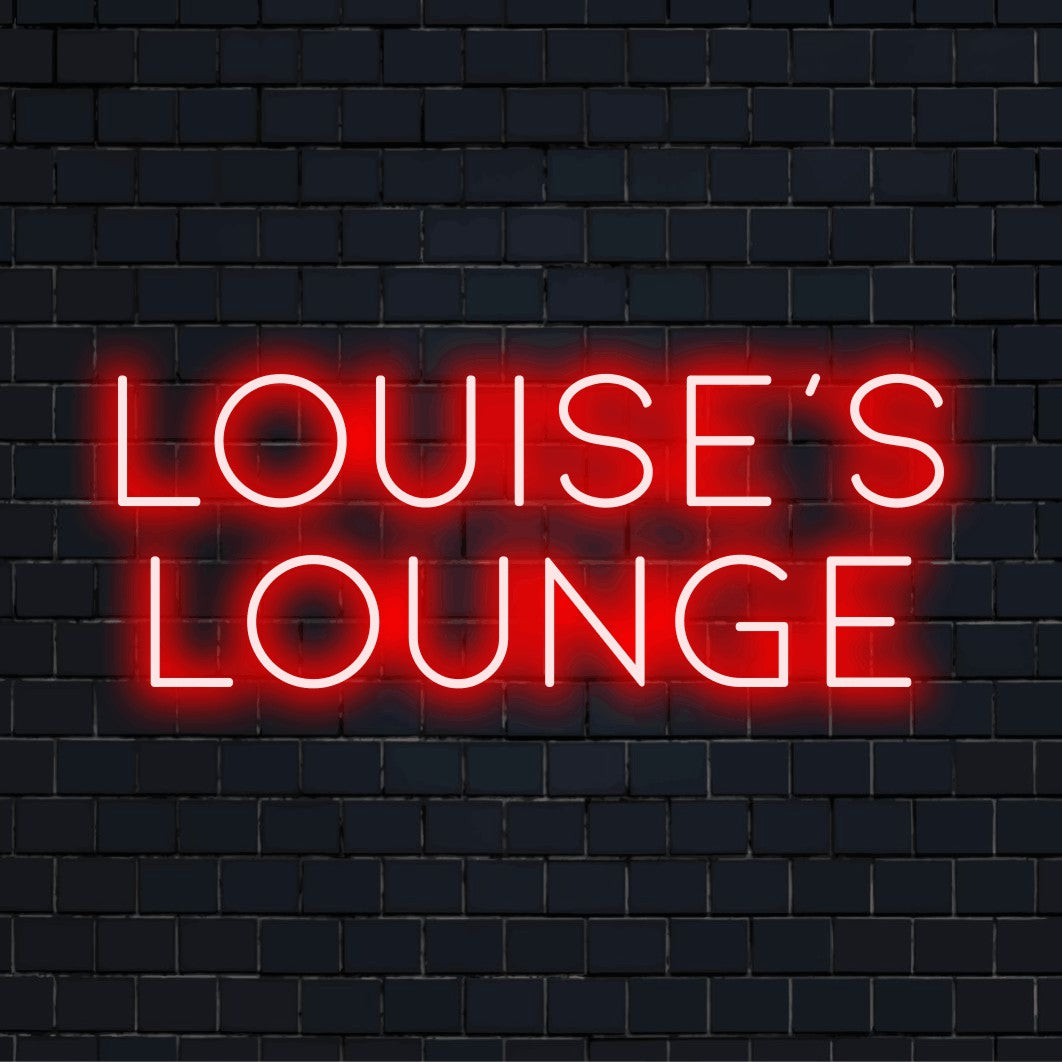 Louise_s Lounge Custom Name Neon Sign, glowing neon text against black brick wall