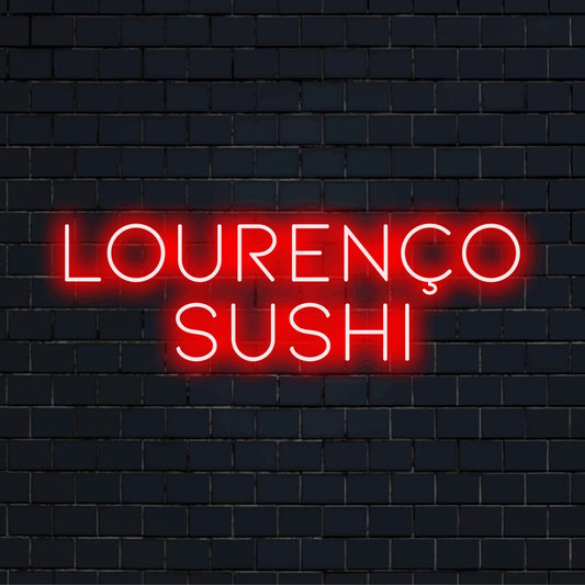 Lourenco Sushi Personalized Neon Light with neon text light on black brick background