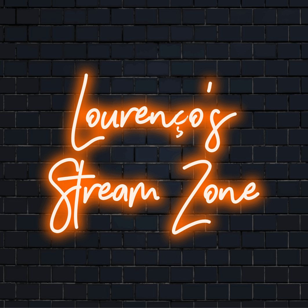 Lourenco_s Stream Zone Custom Name Neon Sign, glowing neon text on dark brick background