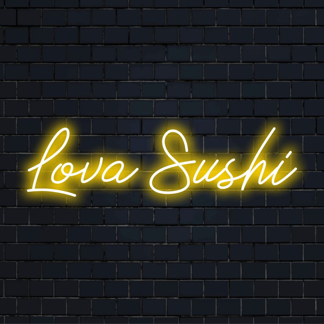 Lova Sushi Personalized LED Neon Sign, bright neon glow against brick backdrop