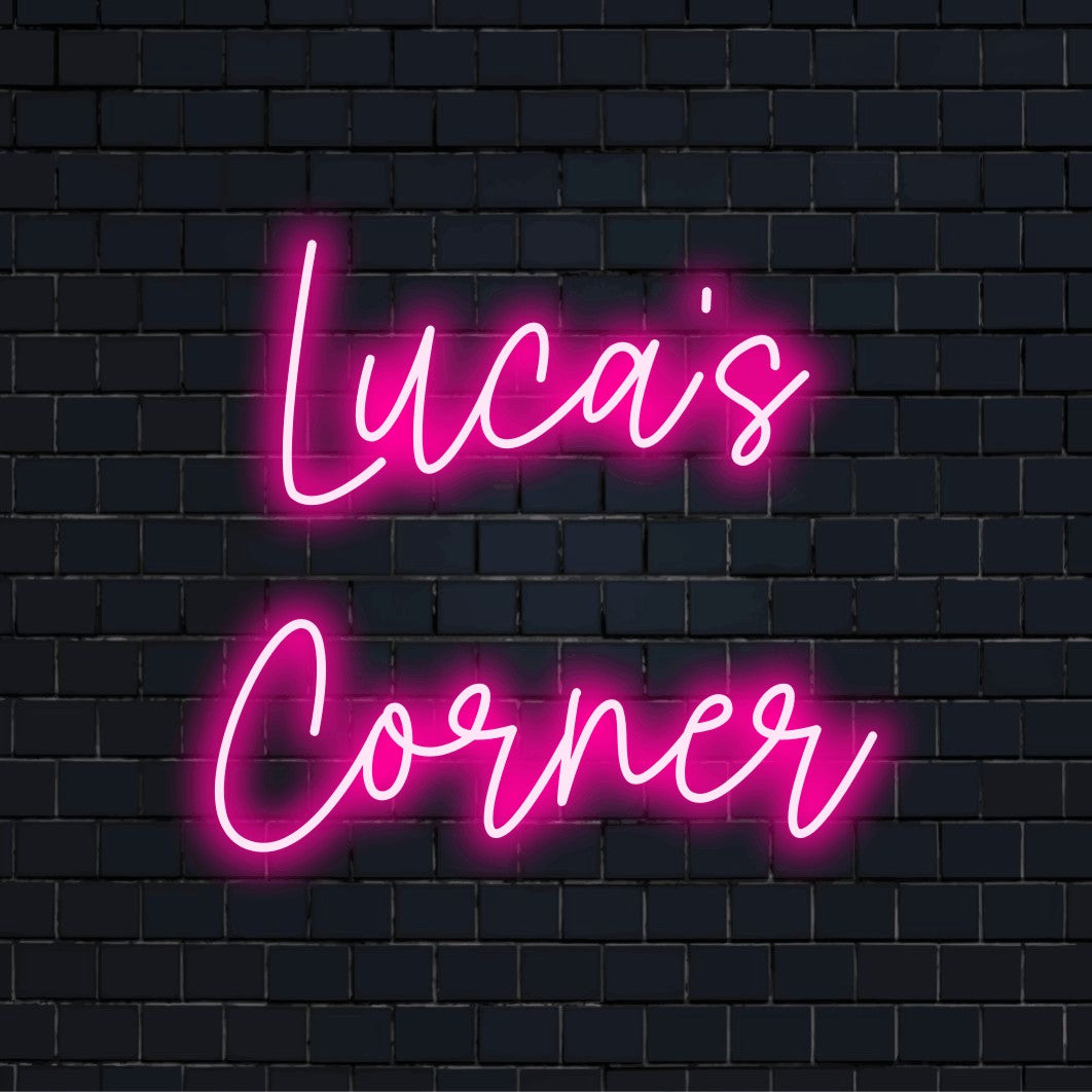 Luca_s Corner Custom Name Neon Sign, glowing wall decor on black brick background