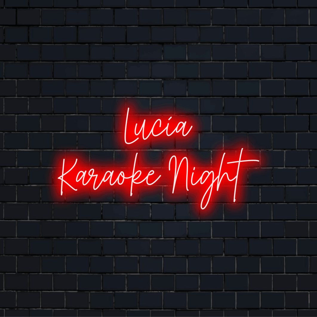 Lucia Karaoke Night Custom Name Neon Sign, bright neon glow against black brick wall