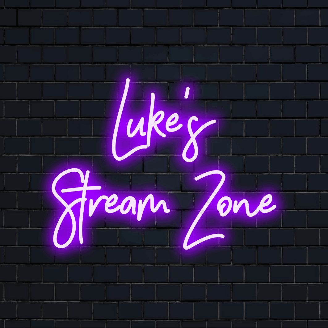 Luke_s Stream Zone Custom Name Neon Sign, bright neon glow against black brick wall