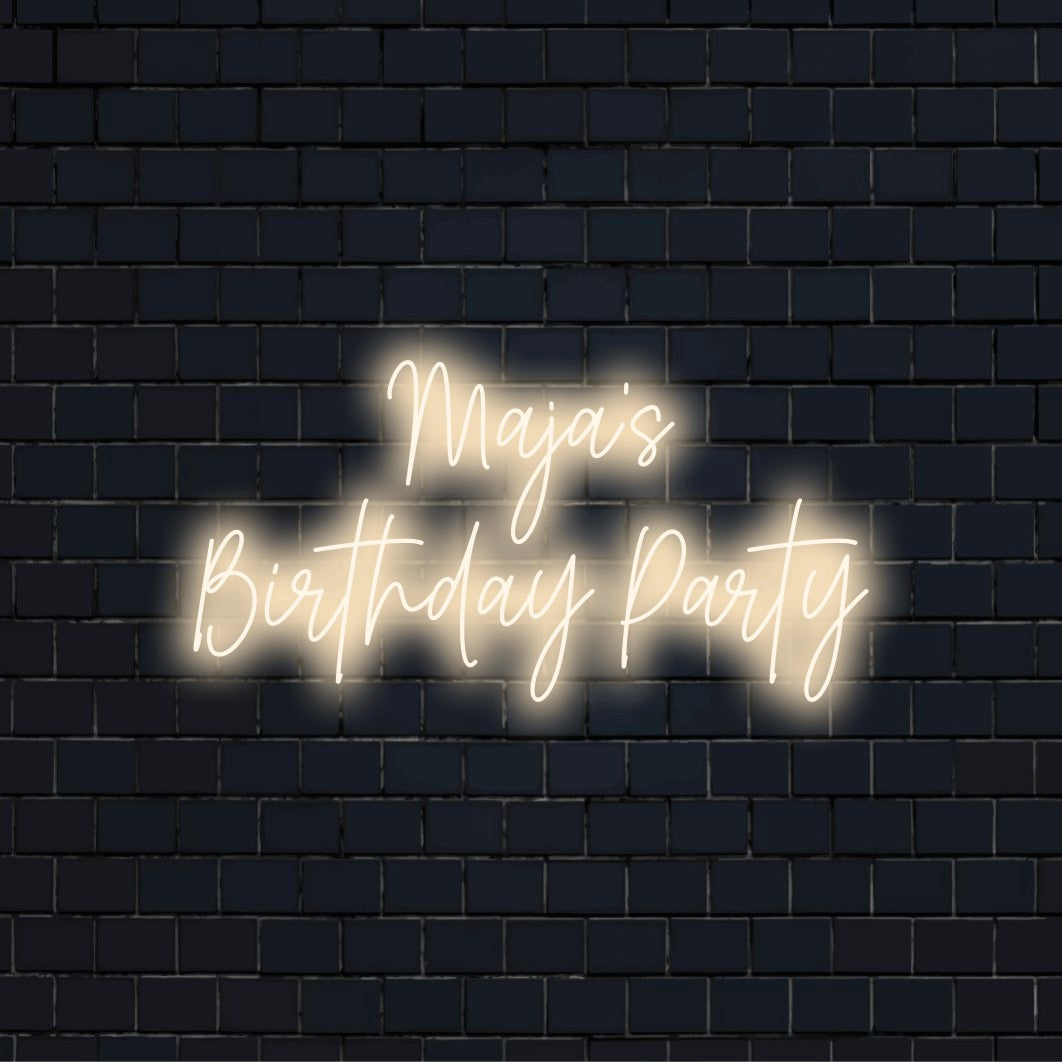 Maja_s Birthday Party Custom Name Neon Sign, soft neon glow against black brick wall