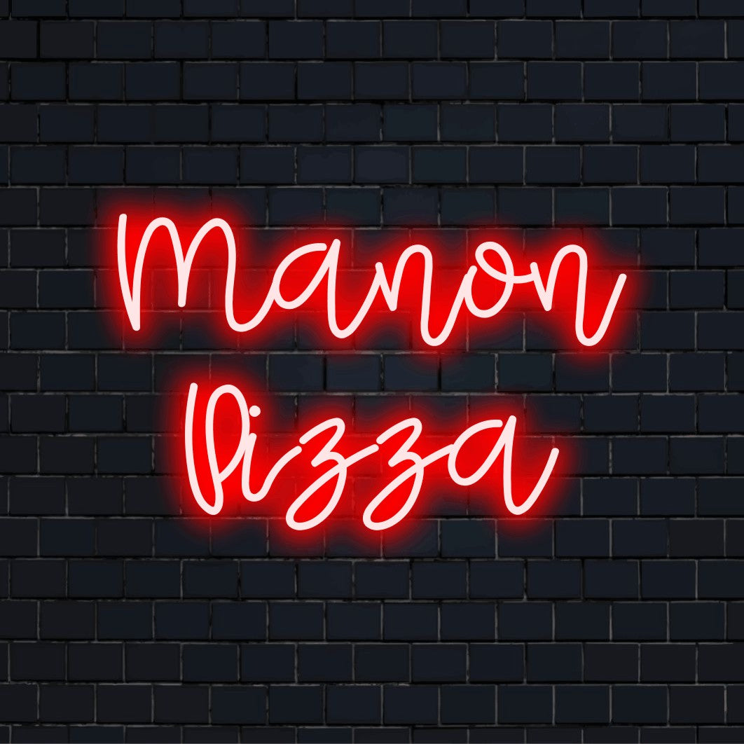 Manon Pizza Custom Name Neon Sign, bright neon glow against brick backdrop