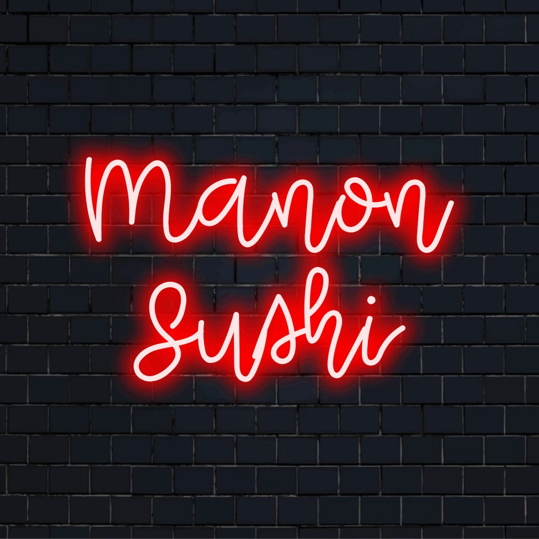Manon Sushi Personalized LED Neon Sign, soft neon glow on black brick background