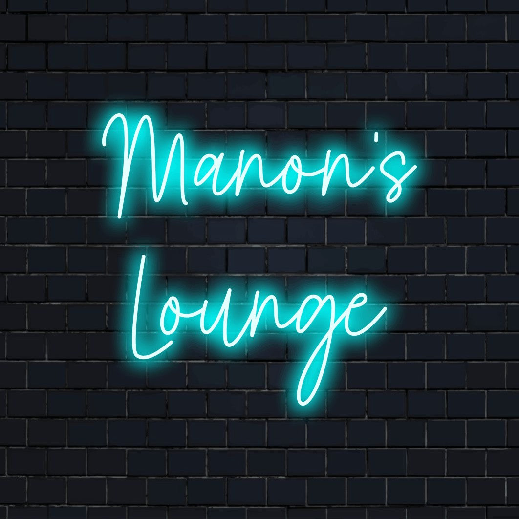 Manon_s Lounge Personalized LED Neon Sign, neon text light on dark brick background