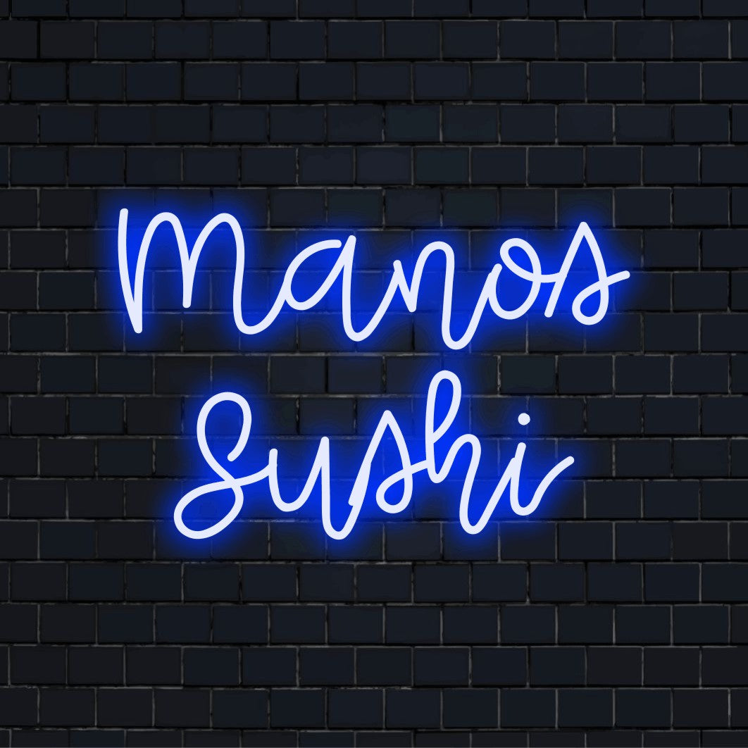 Manos Sushi Custom Name Neon Sign, soft neon glow against brick backdrop