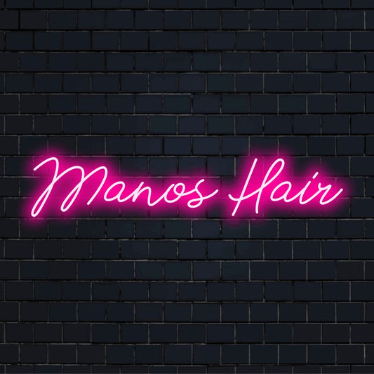 Manos Hair Personalized LED Neon Sign, bright neon lettering on dark brick background