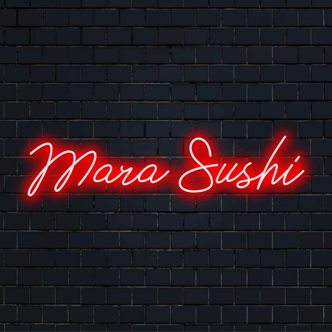 Mara Sushi Personalized Neon Light with neon text light on dark brick background