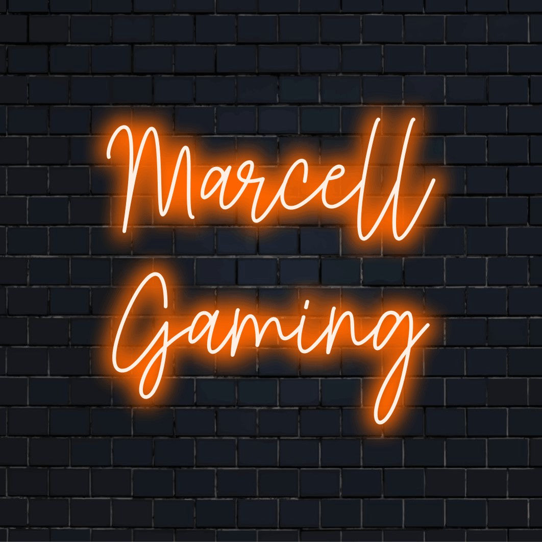 Marcell Gaming Personalized LED Neon Sign, bright neon lettering on black brick background