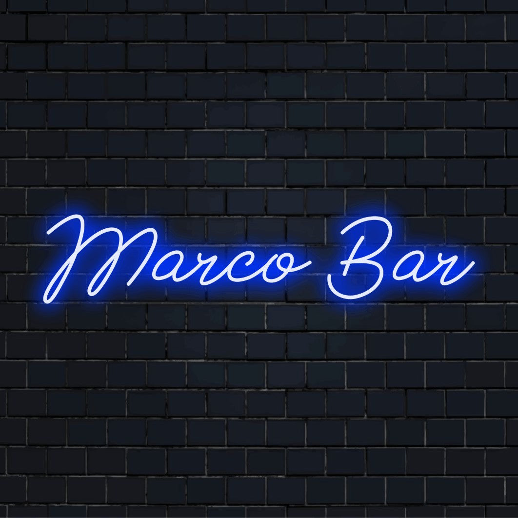 Marco Bar Personalized LED Neon Sign, bright neon glow on dark brick wall