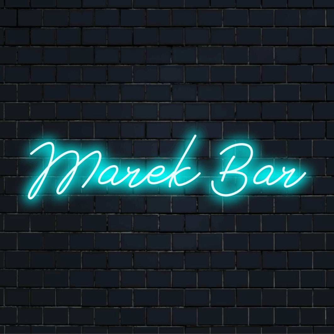 Marek Bar Personalized LED Neon Sign, bright neon lettering against brick backdrop