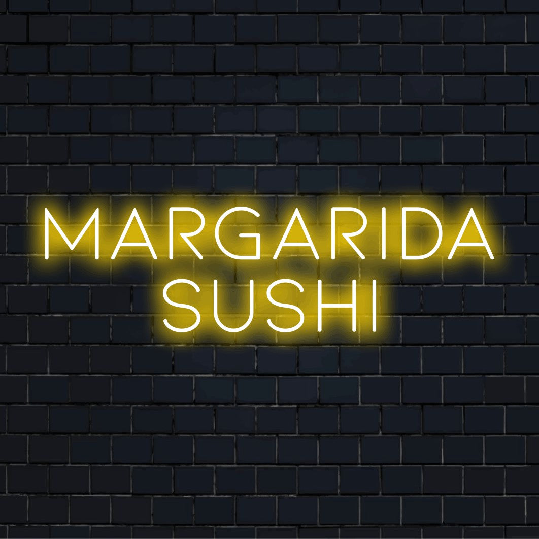 Margarida Sushi Personalized LED Neon Sign, glowing neon text on dark brick background