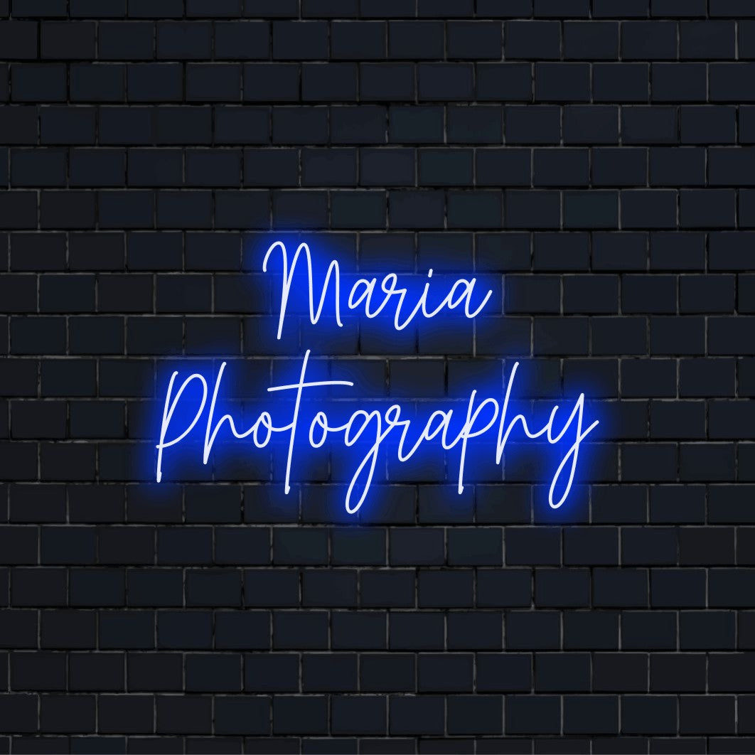 Maria Photography Personalized LED Neon Sign, glowing wall decor on black brick background