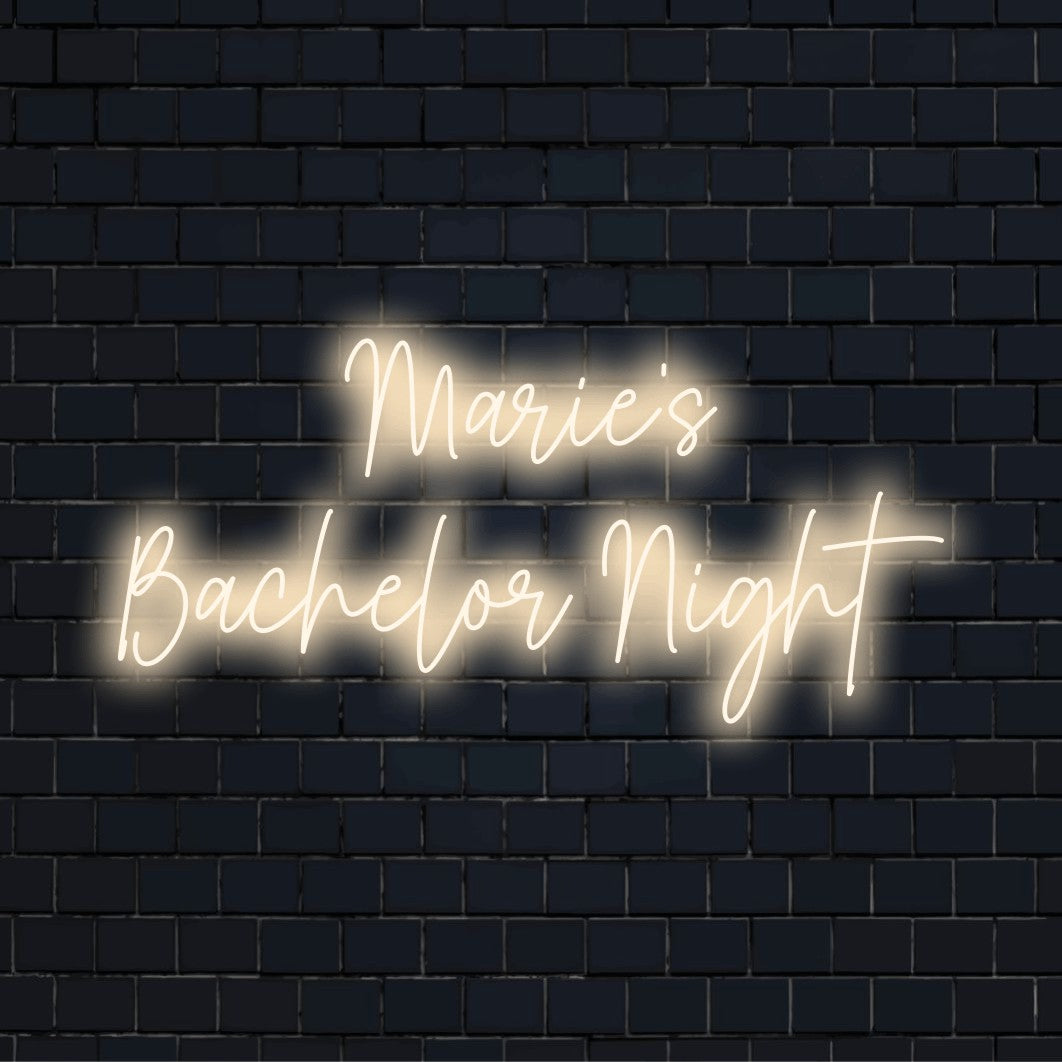 Marie_s Bachelor Night Custom Name Neon Sign, glowing wall decor against brick backdrop