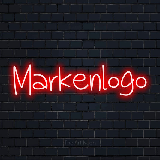 LED-Neonschild mit dem Design „Markenlogo“ auf dunkler Ziegelwand