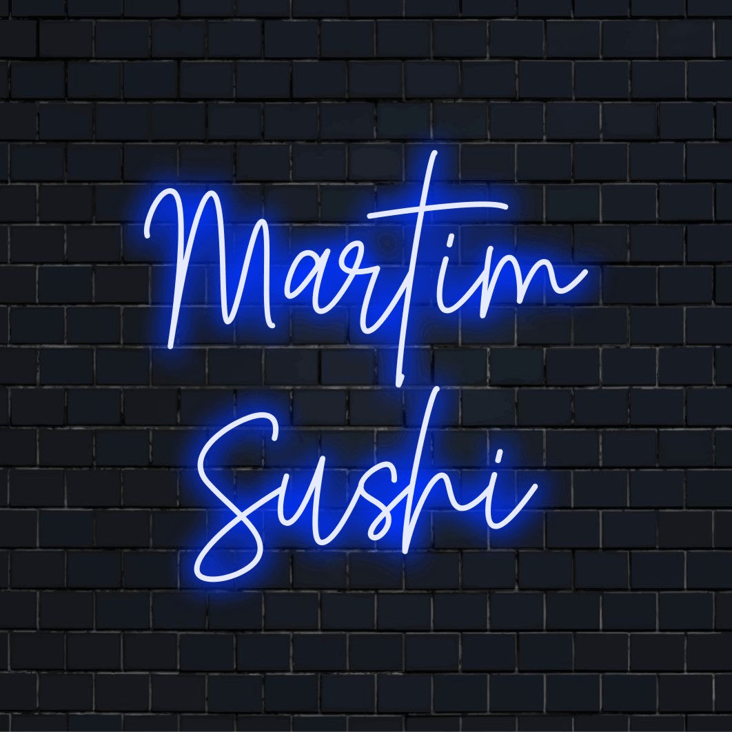 Martim Sushi Custom Name Neon Sign, soft neon glow against black brick wall