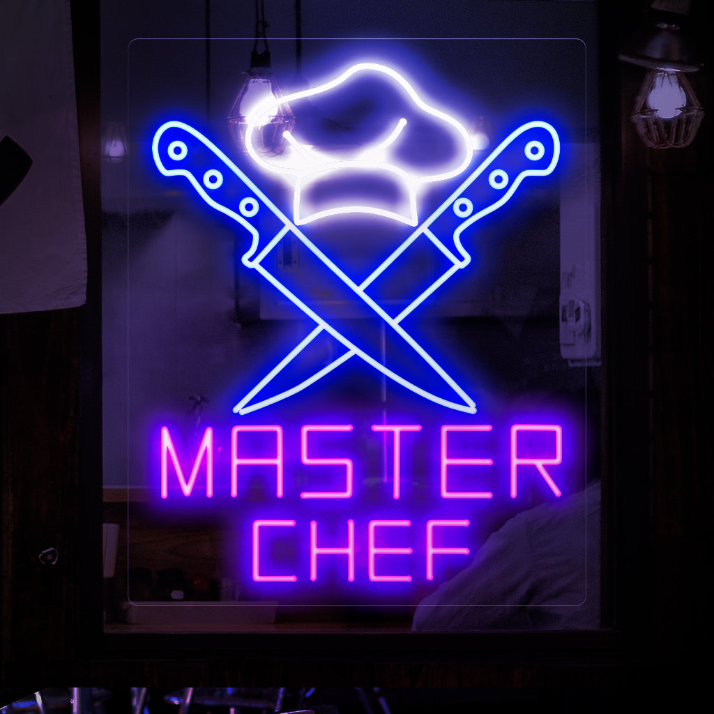 Ein fesselndes Neonschild mit dem Titel „Meisterkoch“, das mit seinem lebendigen und dynamischen Licht jedem Raum einen Hauch kulinarischer Inspiration verleiht. Perfekt für kulinarische Enthusiasten und eine Dekoration mit Essensmotiven.