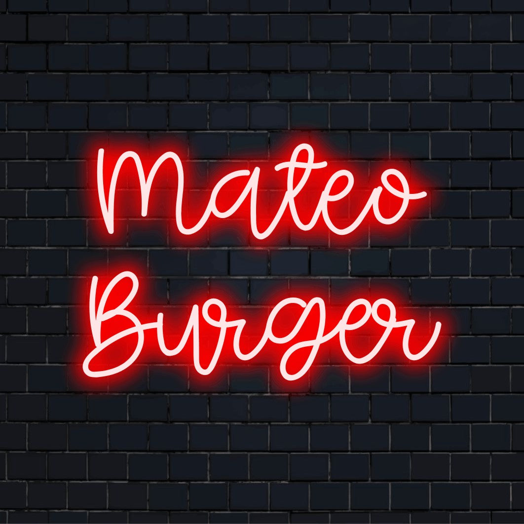 Mateo Burger Custom Name Neon Sign, glowing neon text against black brick wall