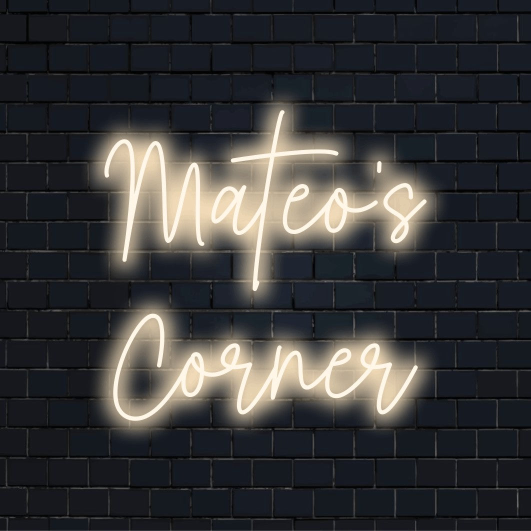 Mateo_s Corner Custom Name Neon Sign, bright neon glow on black brick background