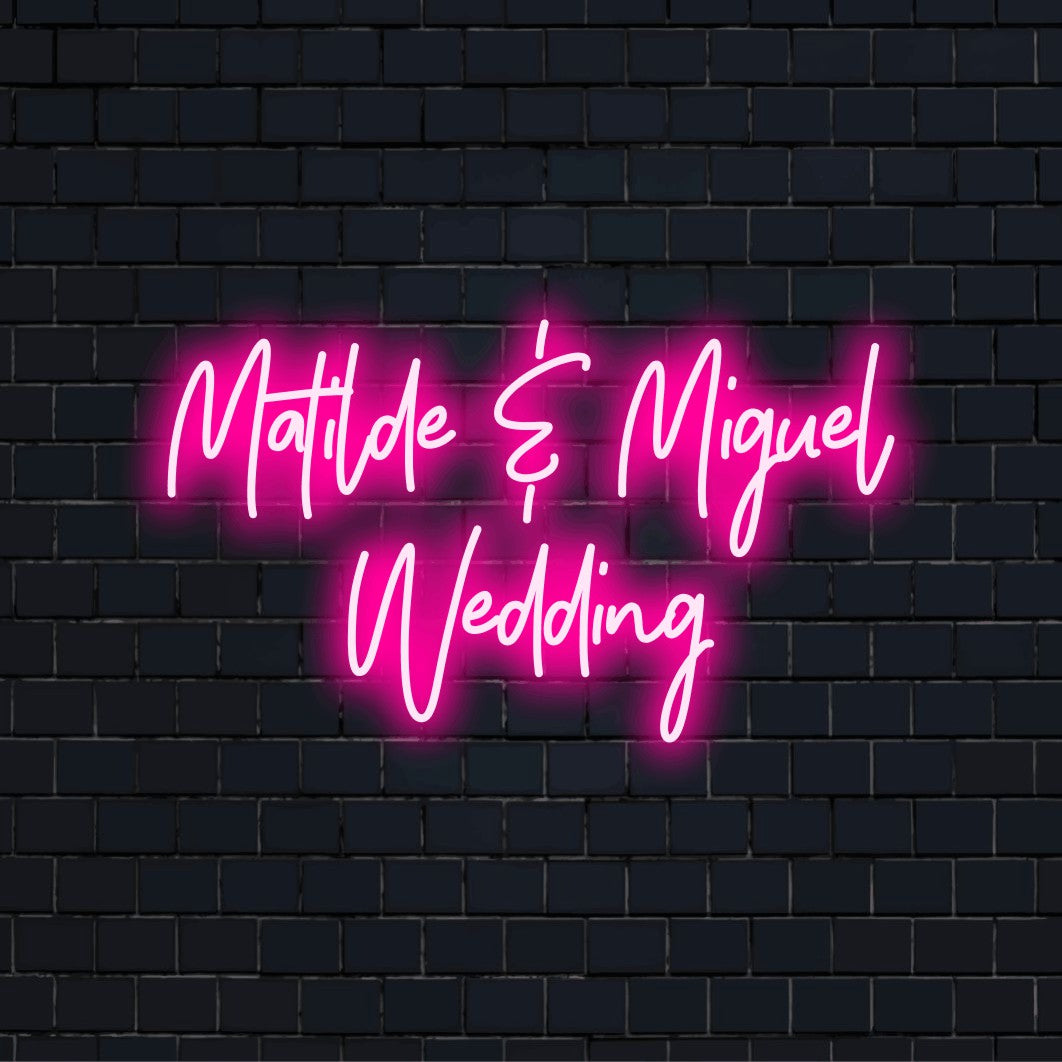 Matilde _ Miguel Wedding Custom Name Neon Sign, glowing lettering on black brick background