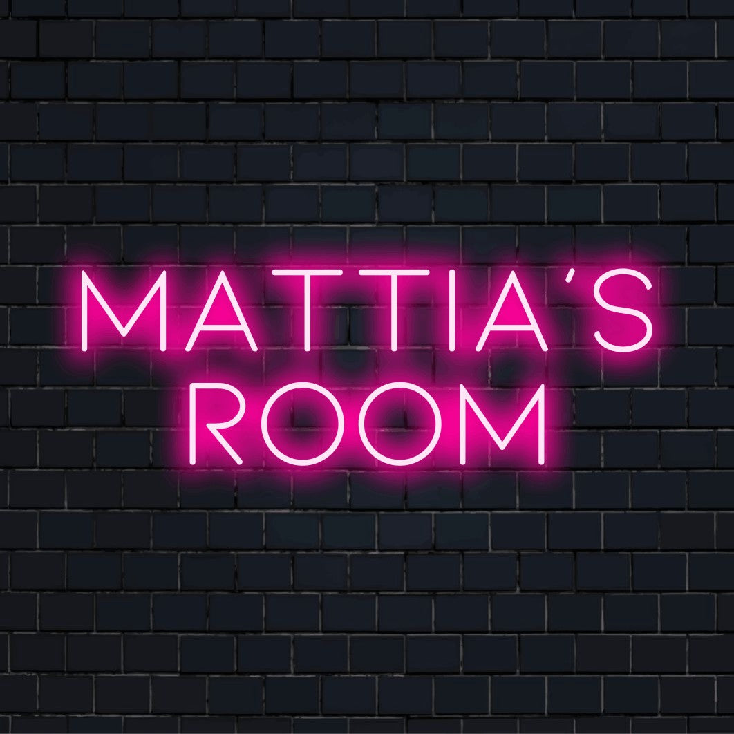 Mattia_s Room Personalized LED Neon Sign, glowing neon text against brick backdrop