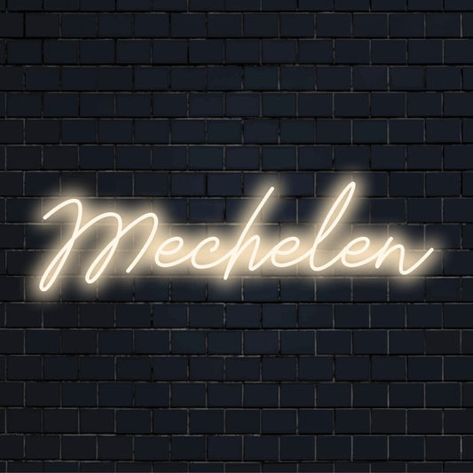 Mechelen LED Neon Sign, bright LED glow on dark brick background