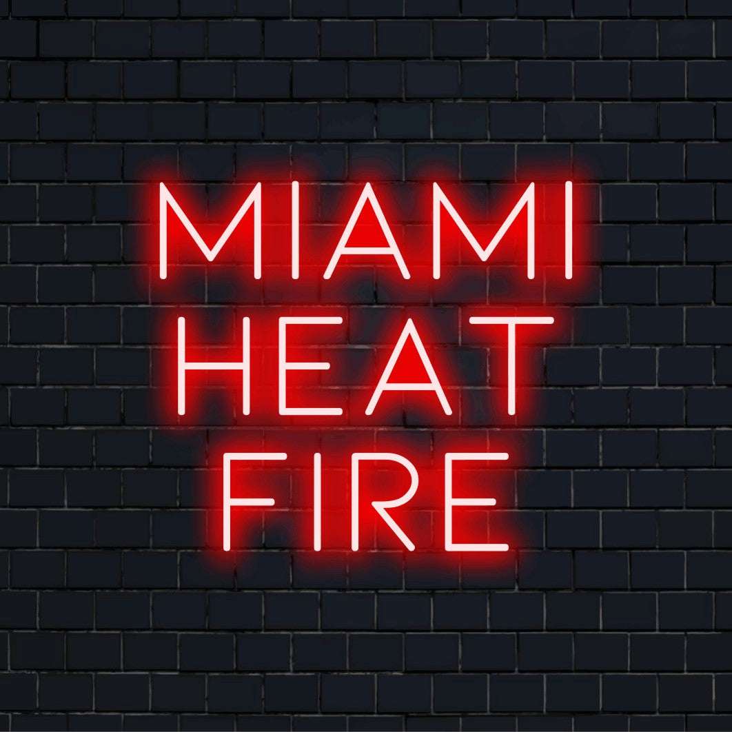 Miami Heat Fire LED Neon Sign, bright neon glow on dark brick wall