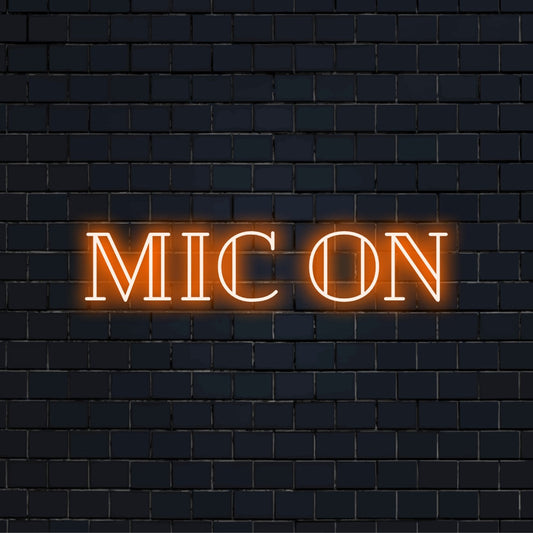 Mic On Neon Sign, glowing wall decor on dark brick background