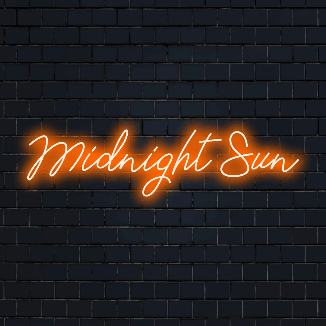 Midnight Sun Neon Light with glowing neon text on black brick background
