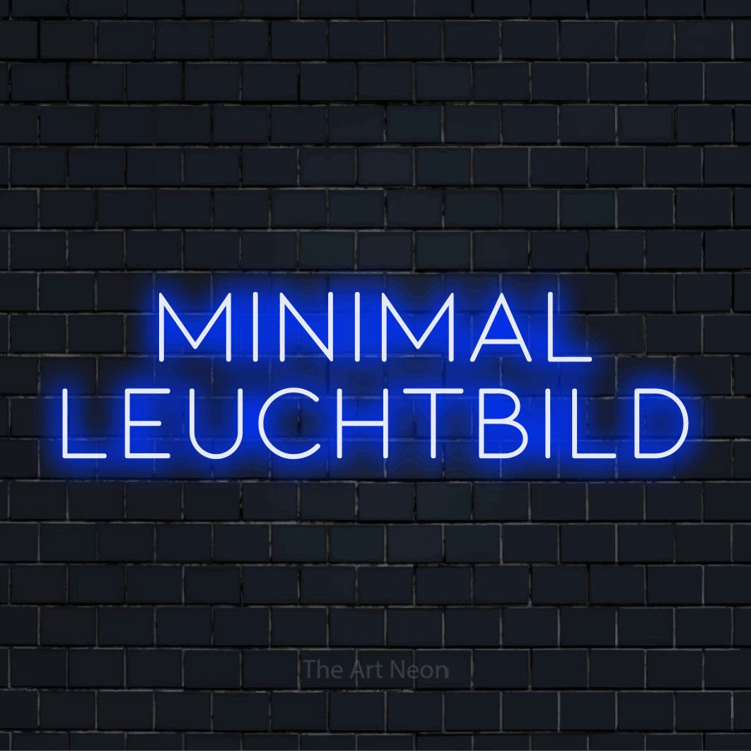 LED-Neonschild mit dem Text „Minimal Leuchtbild“ auf dunkler Ziegelwand