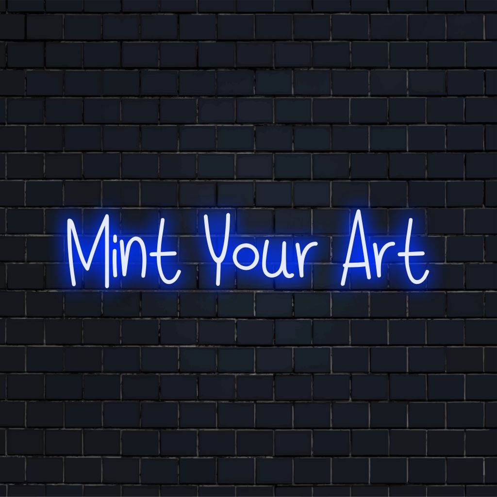 Mint Your Art Neon Light with glowing wall decor on black brick background