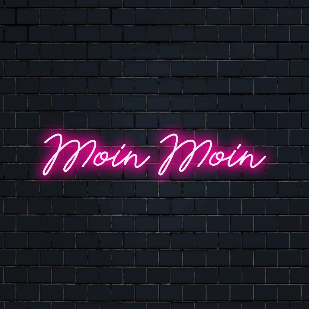Moin Moin LED Neon Sign, bright neon lettering on black brick background