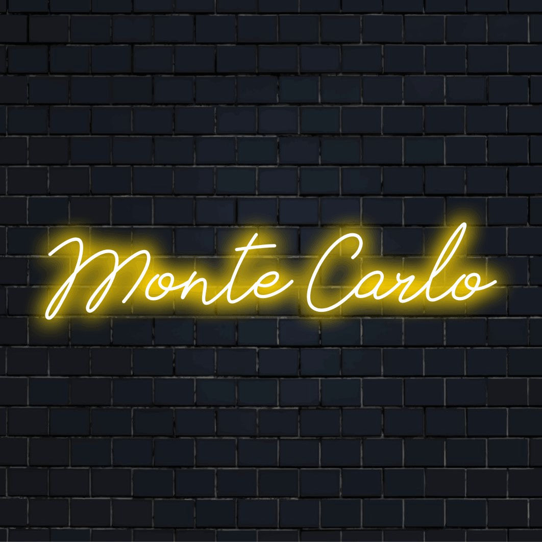 Monte Carlo Neon Light with glowing neon text against brick backdrop